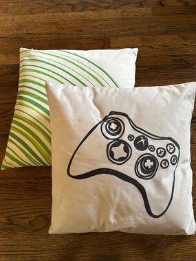 Xbox Gaming Controller with Black Graphic & Green Striped Pillows